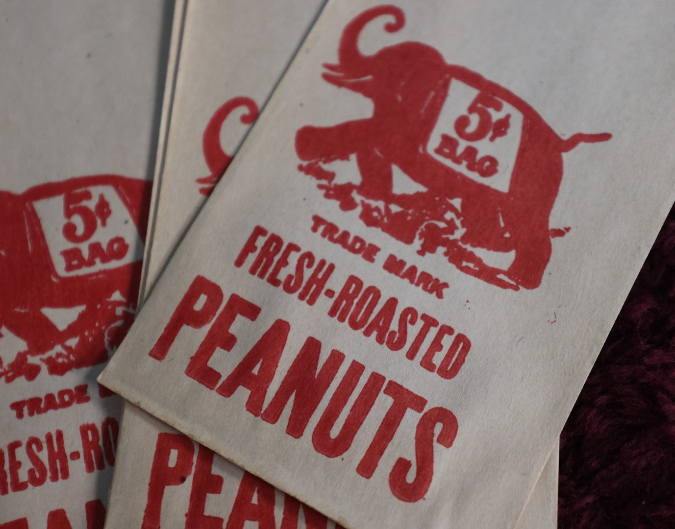 Lot 165 - Grouping Of Ten Antique Fresh Roasted Circus Peanuts Bags, Elephant On Bag, New Old Stock