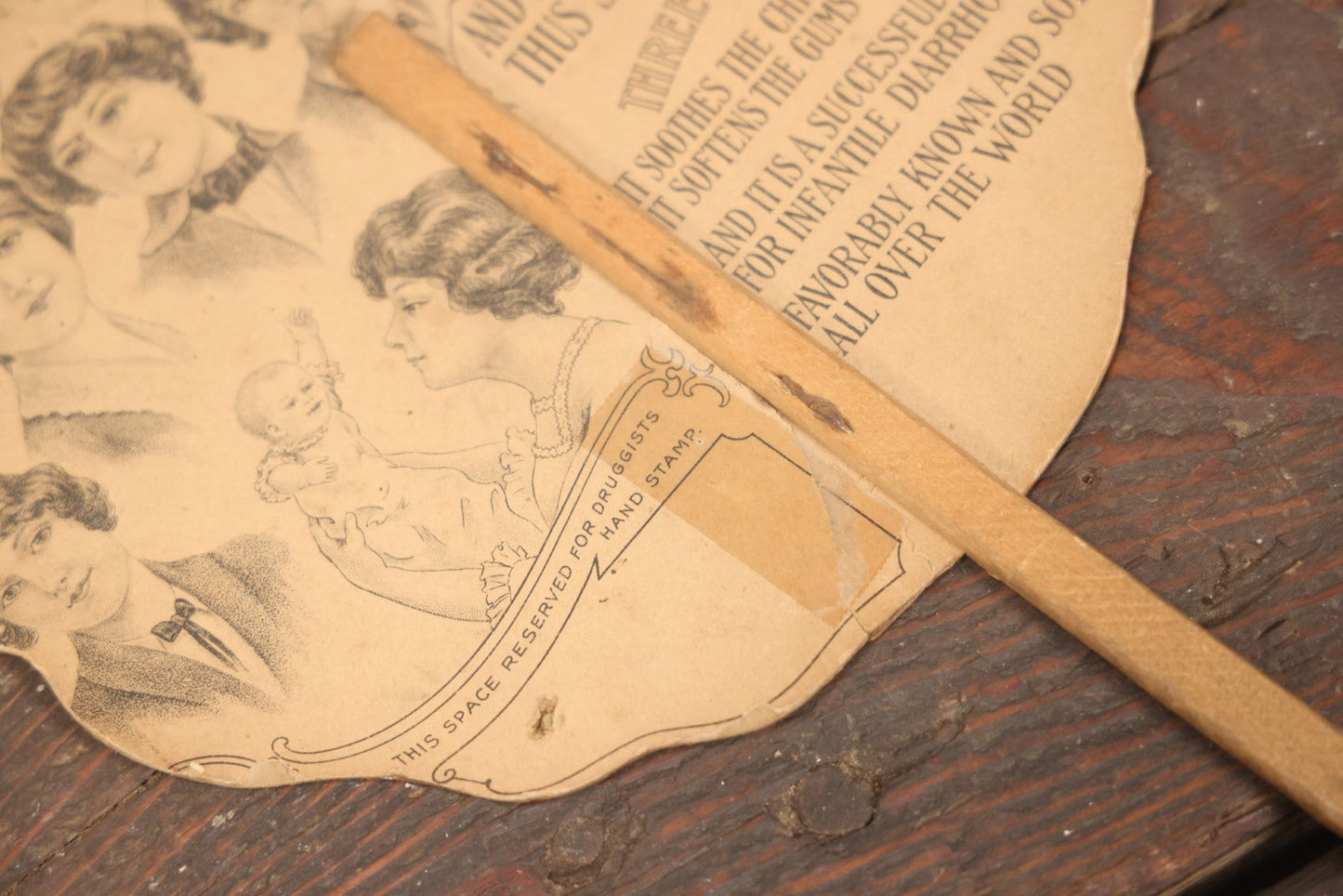 Lot 096 - Antique Paper Advertising Fan Compliments Of Mrs. Winslow's Soothing Syrup, With Baby And Butterfly On Front, For Children Teething