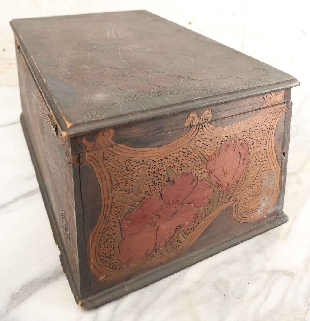 Lot 092 - Antique Folk Art Pyrography Flemish Art Wood Burned Box With Dog Floating In Water On Trunk, Hand Painted Blue Sky Backdrop, Woman On Top Of Cover