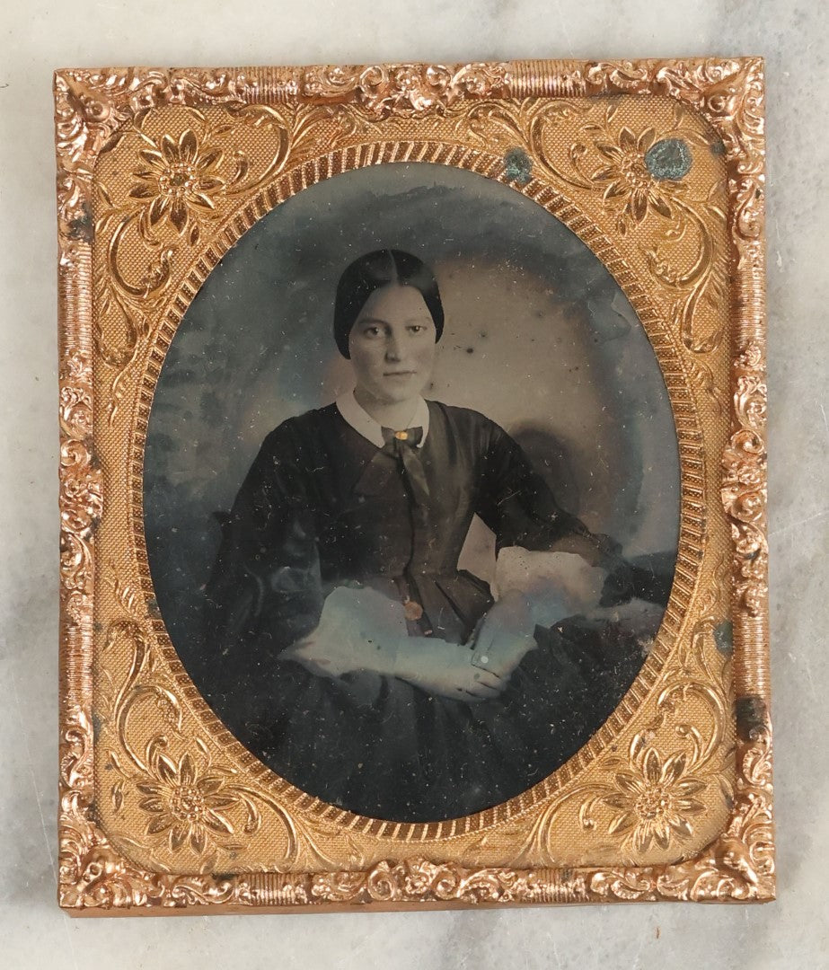 Lot 101 - Antique 1/6th Plate Ruby Ambrotype Photograph Of A Pretty Young Woman With A White Collar Tied With A Bow, Tinter Gold Jewelry And Watch Fob, White Ruffled Sleeves