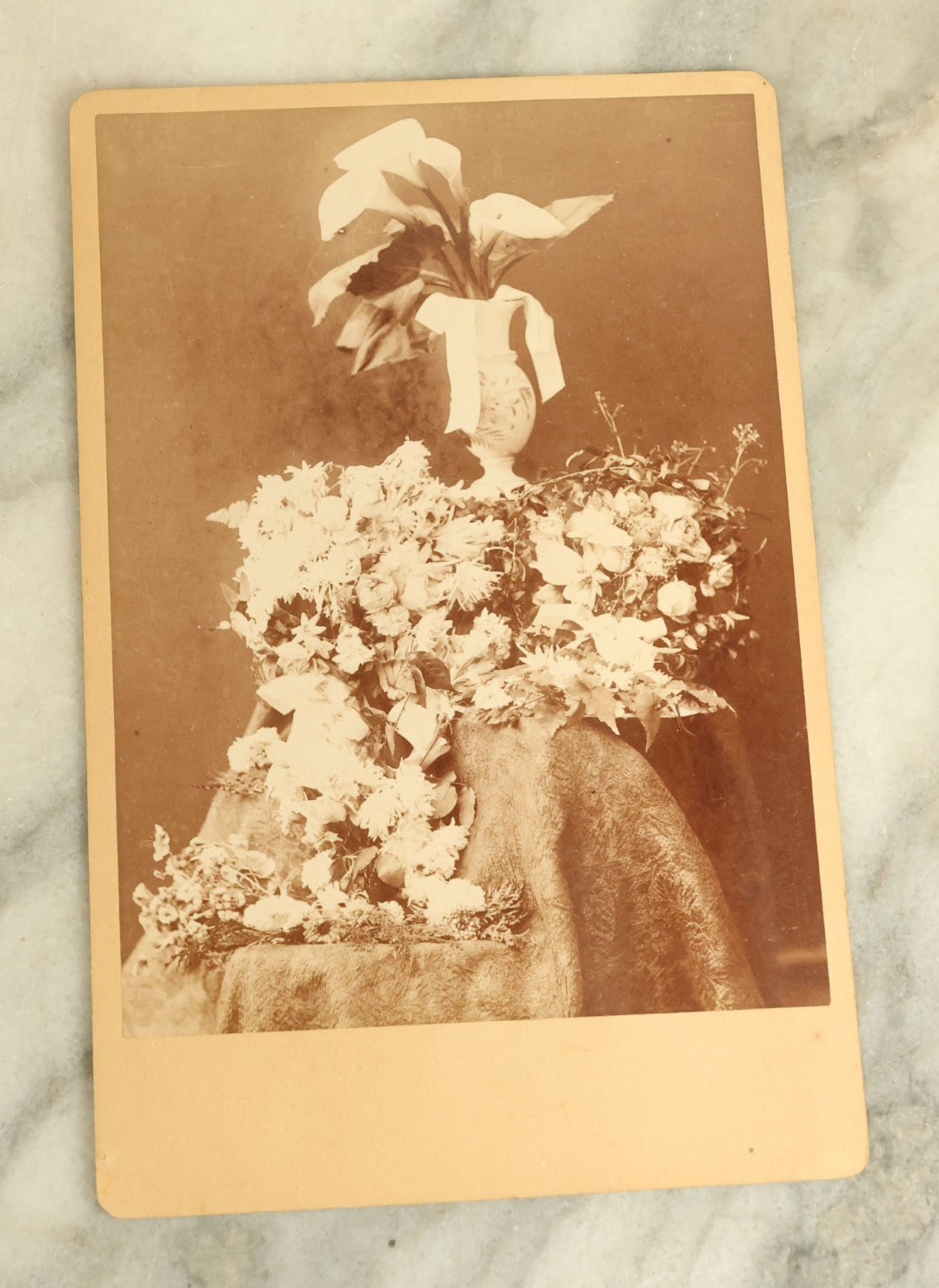 Lot 084 - Antique Cabinet Card Photograph Of A Funeral Flower Arrangement, Mostly White Flowers, With Vase,