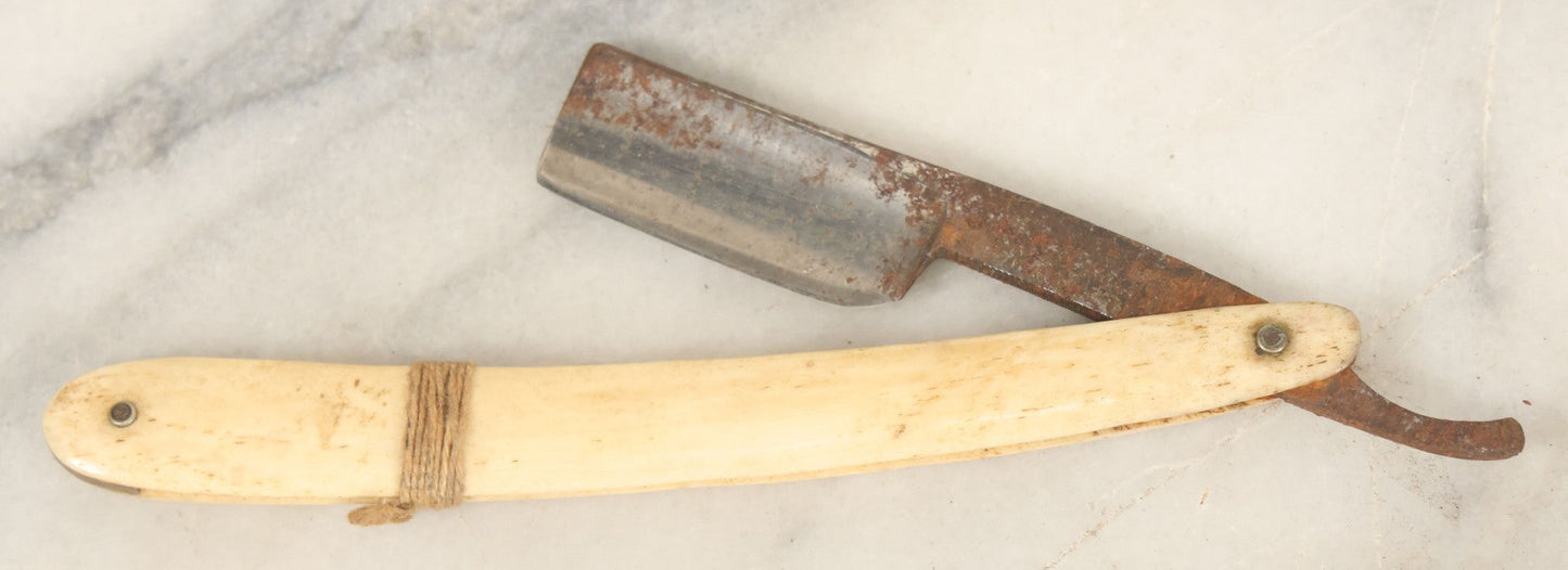 Lot 141 - Junk Drawer Lot, Grouping Of Five Antique Straight Razors And Three Razor Cases, Including Bone Handles, Mostly Poor Condition, Note Rust To Blades, Chips To Blades And Handles, As Found