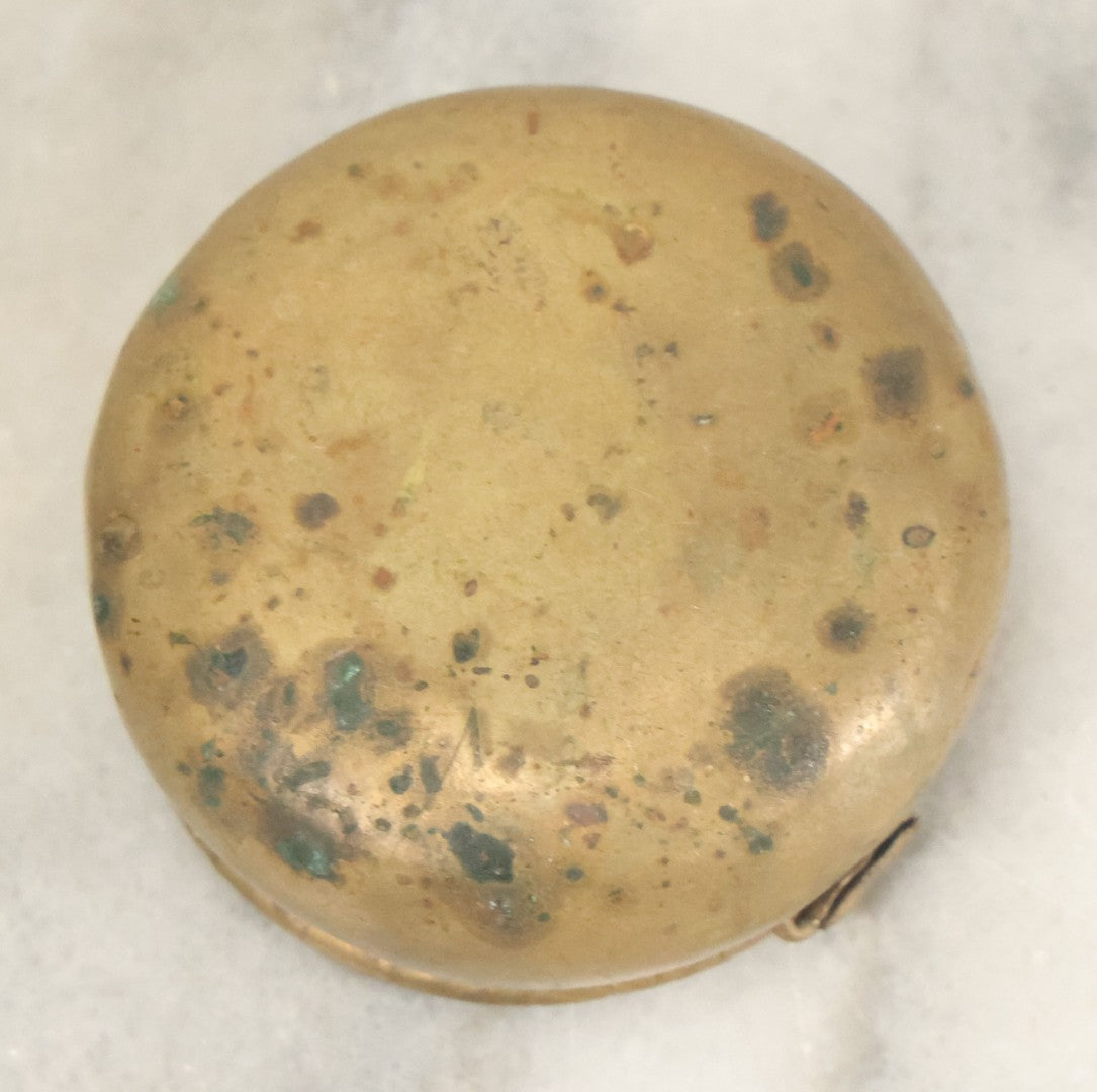 Lot 088 - Antique Small Brass Pill Pot With Hinged Lid With Flora And Fauna Decorations, Including Birds Frogs And Flowers