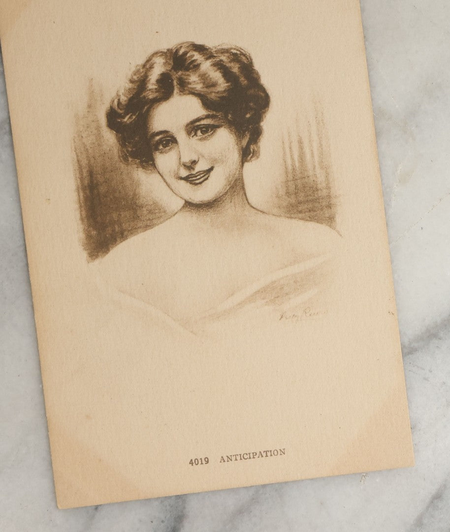 Lot 090 - Grouping Of Ten Antique And Vintage Illustrated Postcards Of Women Including "Anticipation", "With Best Wishes", Embossed "Ready For Water" Card, Etc., (Grouping J)