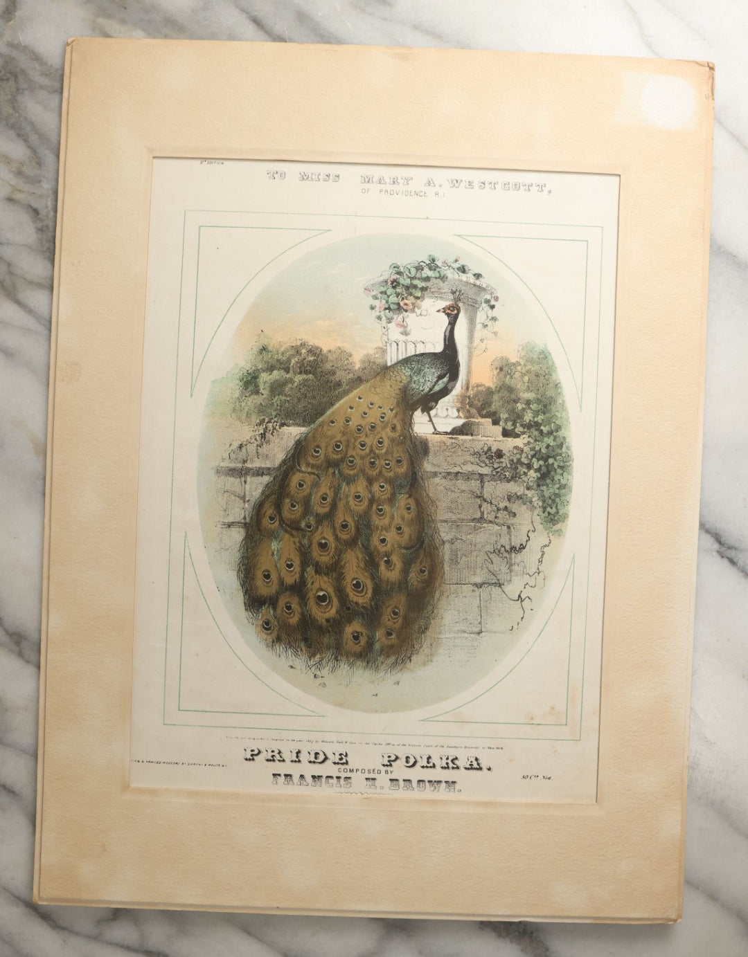 Lot 101 - Antique Sheet Music Cover With A Colorful Peacock Bird, Pride Polka, Composed By Francis M. Brown, Matted