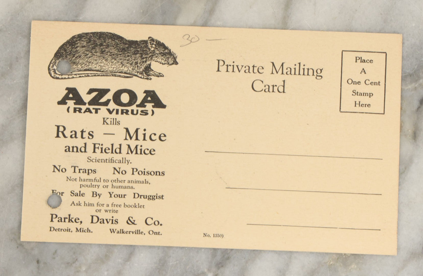 Lot 147 - Antique Azoa Rat Virus Rat And Mice Killer Advertising Postcard, Parke, David & Co,, Detroit, Michigan, No. 1350