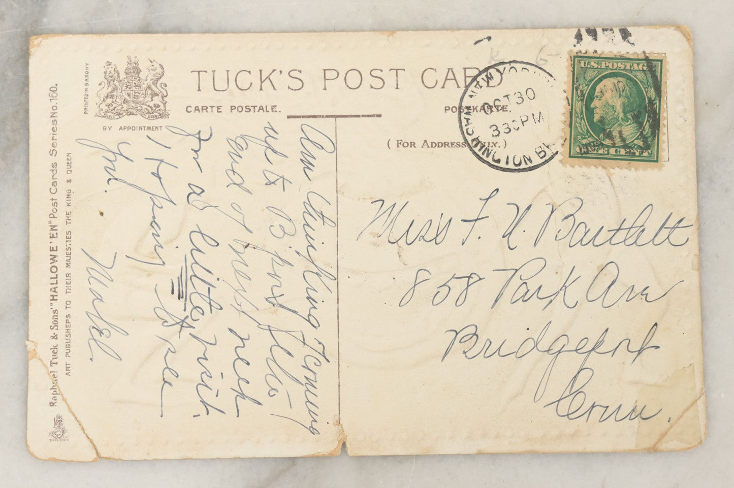 Lot 043 - Antique Halloween Postcard With Devils, Jack-O-Lantern J.O.L. Pumpkin, By Raphael Tuck & Sons, Series No. 160, Postmarked, Fair Condition