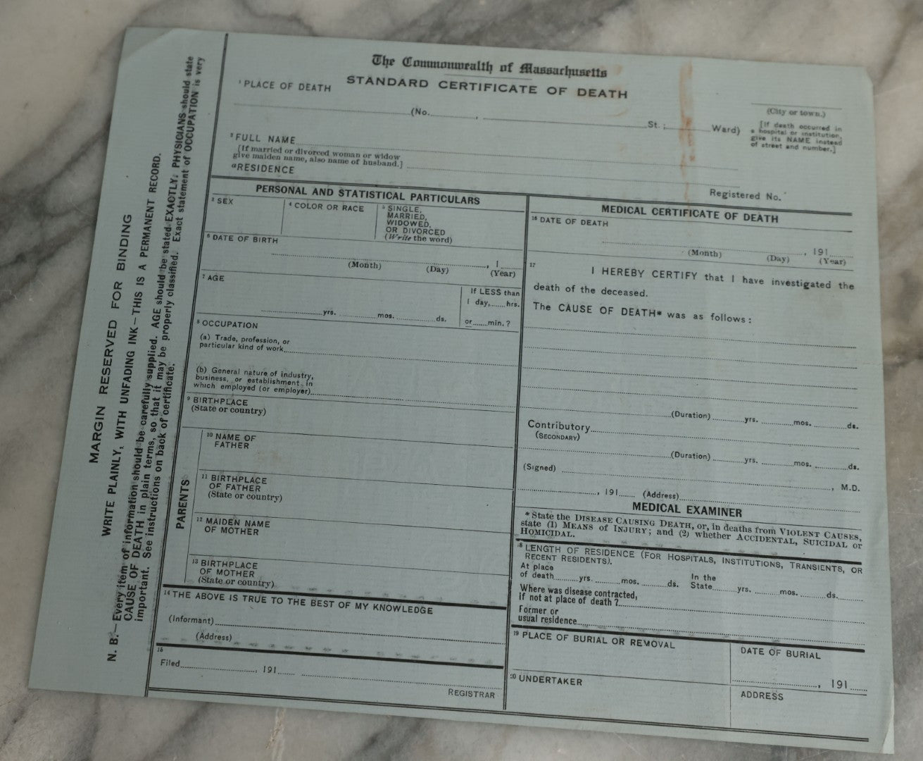 Lot 115 - Two Piece Ephemera Grouping Including Typewritten Medical Examiners Autopsy Report Of A Violent Death, Addressed To District Attorney Stephen S. Taft, Springfield, Massachusetts, Signed Everett A. Bates, Dated 1910, And Blank Death Certificate