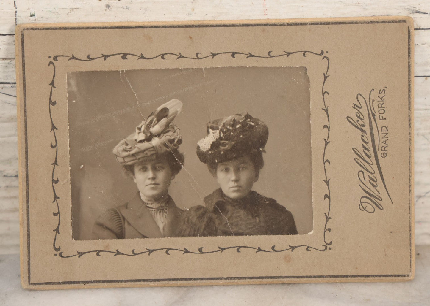 Lot 081 - Five Piece Antique Boarded Photography Grouping Including Woman Posing With Her Home, Two Children On Wicker Chair, Portraits Of Ladies, And Family Standing On Porch