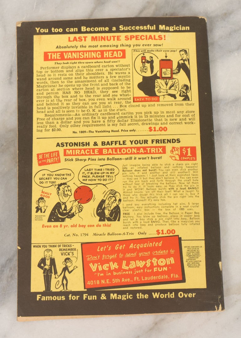 Lot 170 - "The House Of A Thousand Mysteries Latest Giant Surprise Catalogue Of Professional Magic; Pocket Tricks, Illusions, Joke Novelties" Antique Catalogue By Vick Lawston, Fort Lauderdale, Florida, Copyright 1968