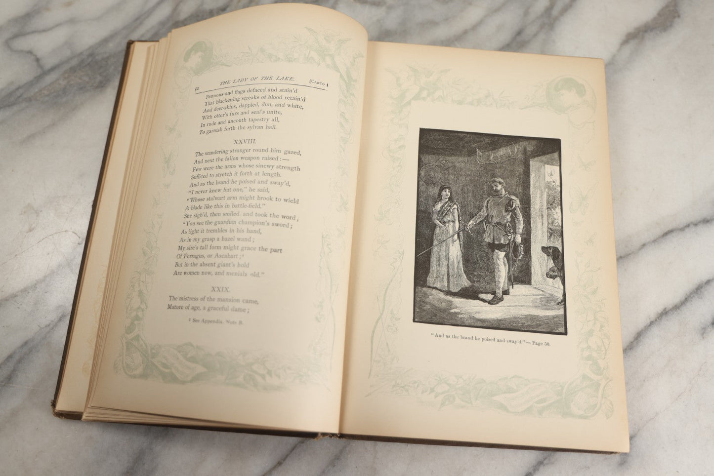 Lot 134 - "The Lady Of The Lake" Antique Poetry Book By Sir Walter Scott, Illustrated, Decorative Brown Cloth Boards With Red And Black Floral And Scroll Design, Gilt Title Panel, Nims & Knight, Publishers, Troy, N.Y., 1884