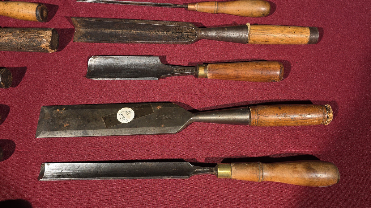 Grouping of 14 Antique Woodworking Gouges and Chisels including T.H. Witherby Solid Steel, W. Butcher Cast Steel, D.M. Snedeker, Ward Cast Steel, and Eric Anton Berg Eskilstuna Sweden