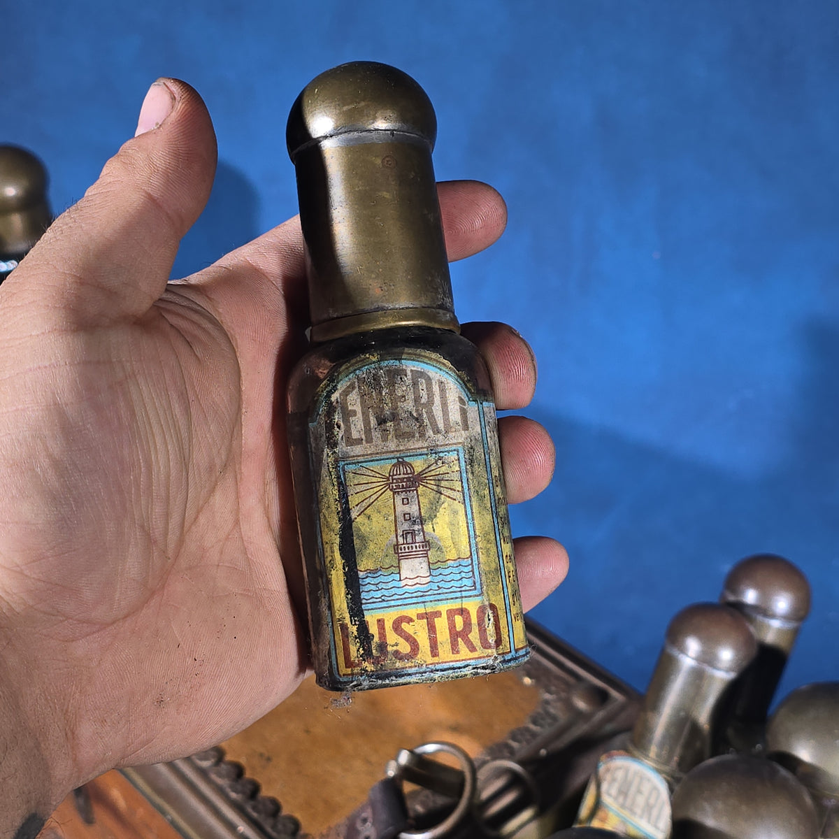 Antique Brass and Wood Shoe Shine Kit with Glass Bottles, Drawers, and Leather Carry Strap