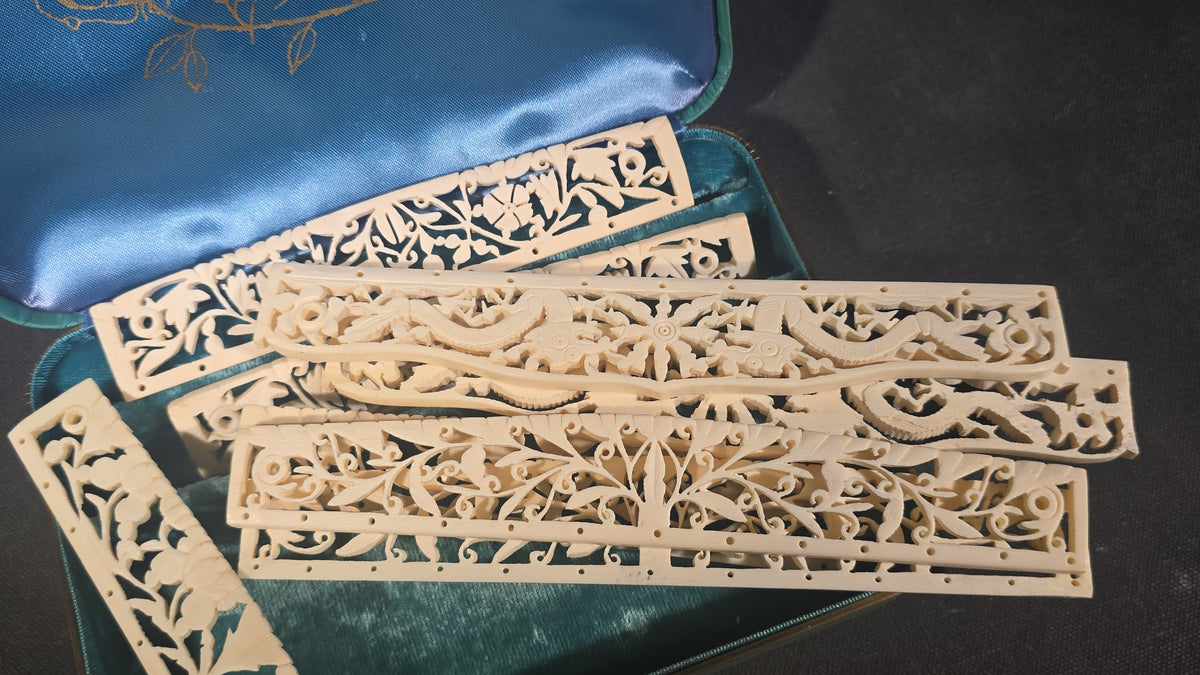 Vintage Carved Bone Fan Sticks with Pierced Floral and Foliate Openwork in Case, Made in China