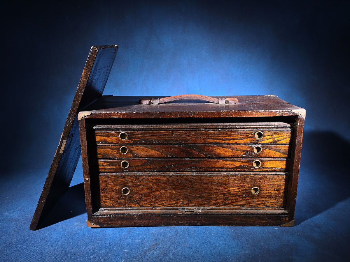 Antique Oak Machinist's Tool Chest with Leather Handle