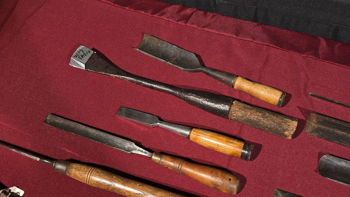 Grouping of 14 Antique Woodworking Gouges and Chisels including T.H. Witherby Solid Steel, W. Butcher Cast Steel, D.M. Snedeker, Ward Cast Steel, and Eric Anton Berg Eskilstuna Sweden