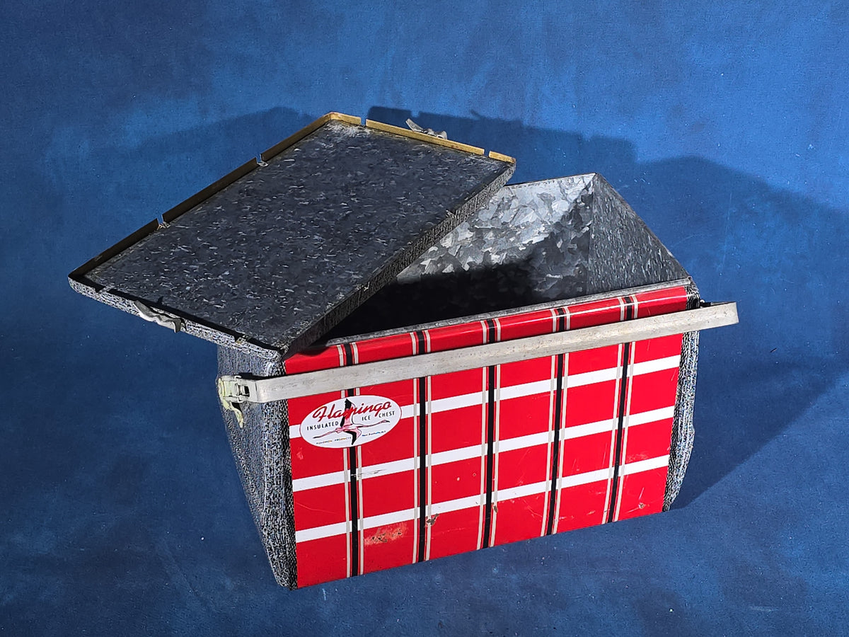 Vintage Flamingo Insulated Ice Chest with Red Plaid Tin Lithograph Panels, Manufactured by Poloron Products, New Rochelle, New York