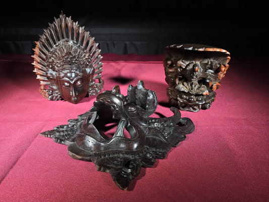 Trio of Vintage Balinese Carved Wood Masks including Barong and Headdress Masks, One Signed Puspa Bali