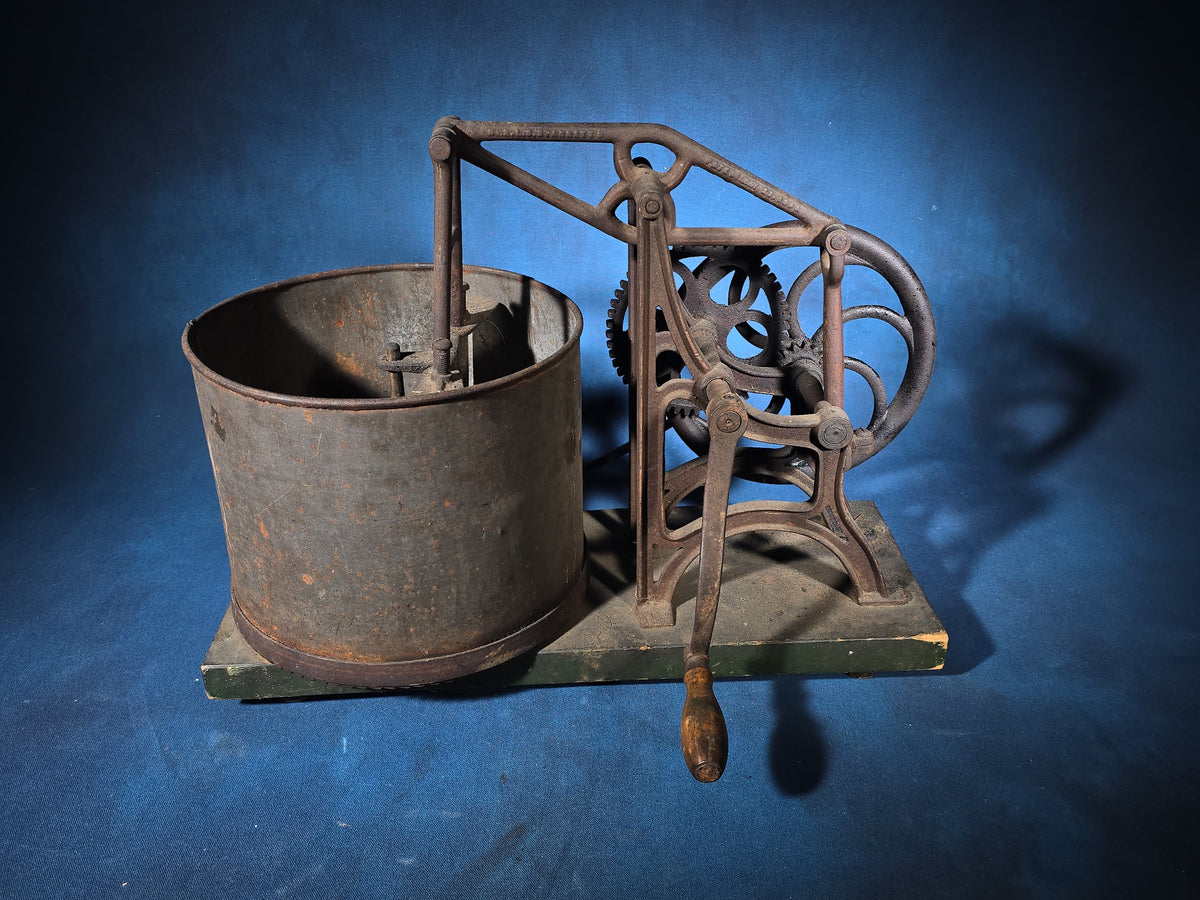 Antique Cast Iron Hand-Crank Food Chopper with Bucket on Wood Base