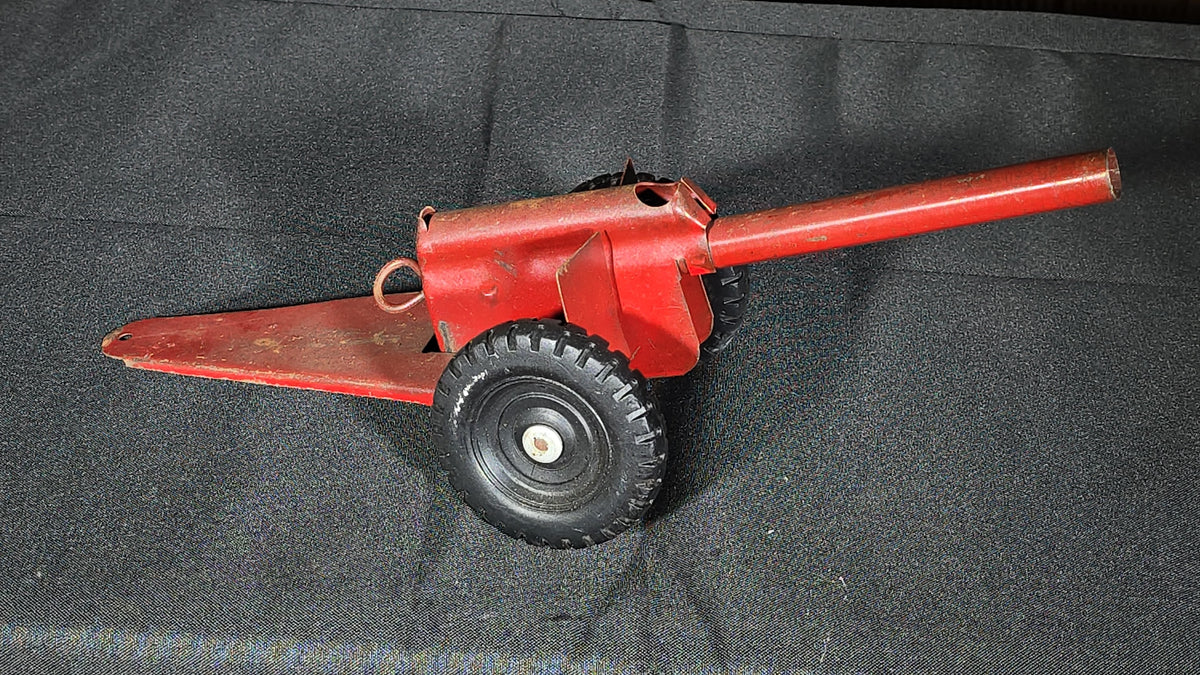Vintage Pressed Steel Toy Artillery Cannon on Wheeled Carriage