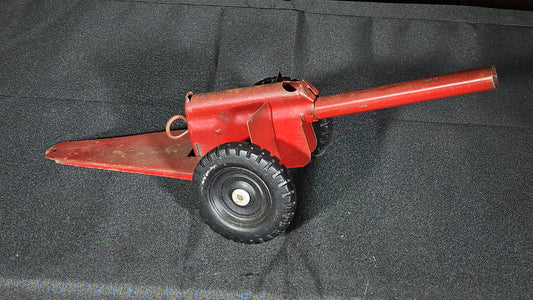 Vintage Pressed Steel Toy Artillery Cannon on Wheeled Carriage