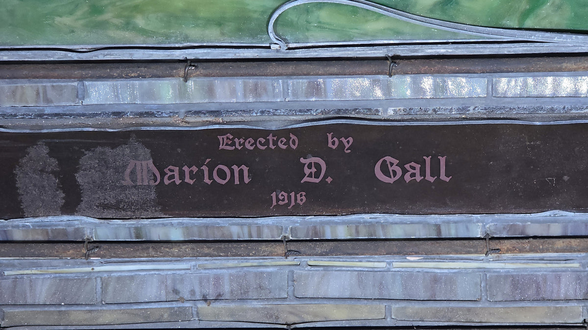 Antique Stained Glass Window, "Erected by Marion D. Gall, 1916," Note Many Breaks and Losses
