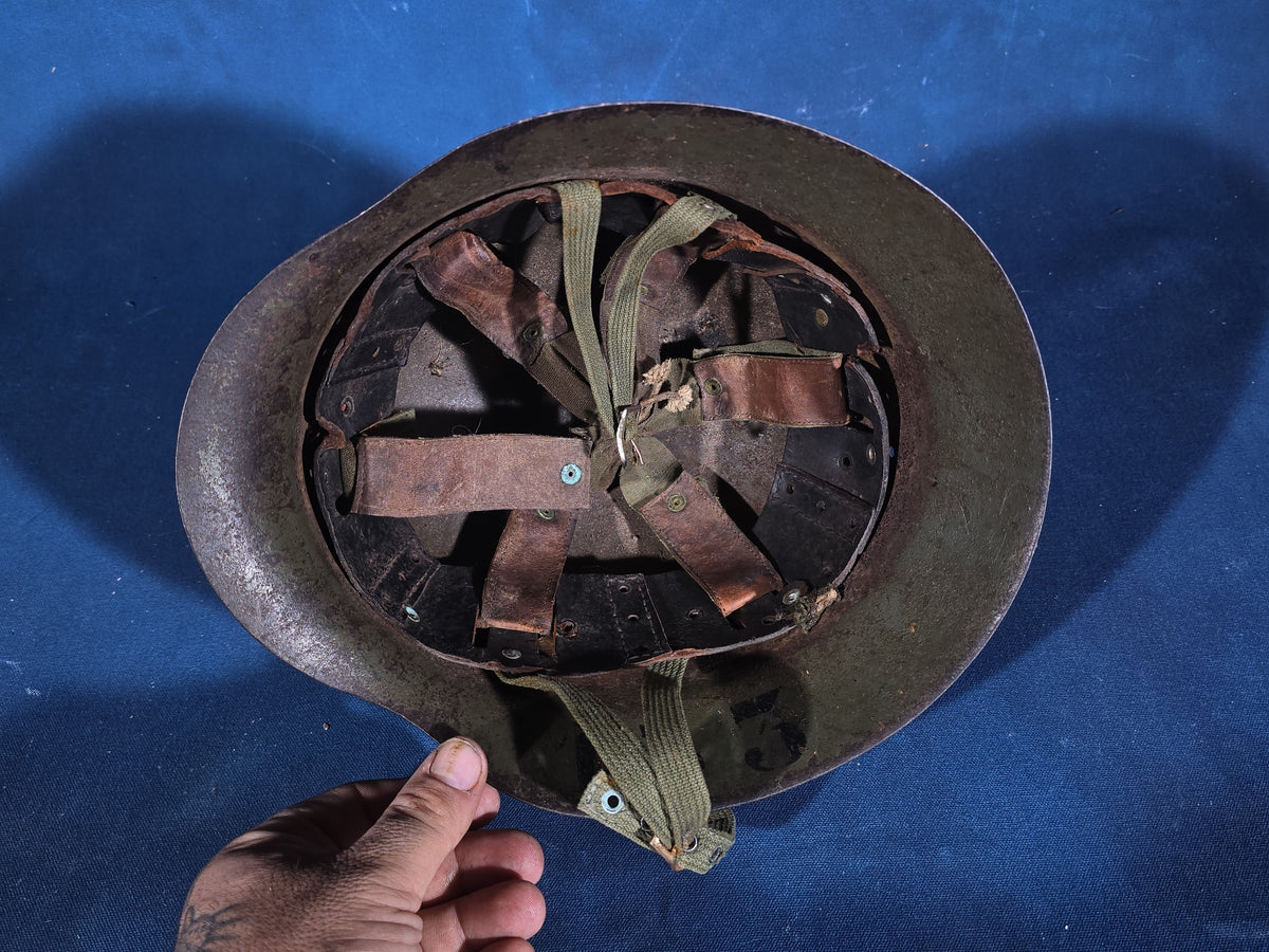 Vintage WWII Era German M35 Steel Helmet with Leather Liner and Chin Strap, Numbered 153