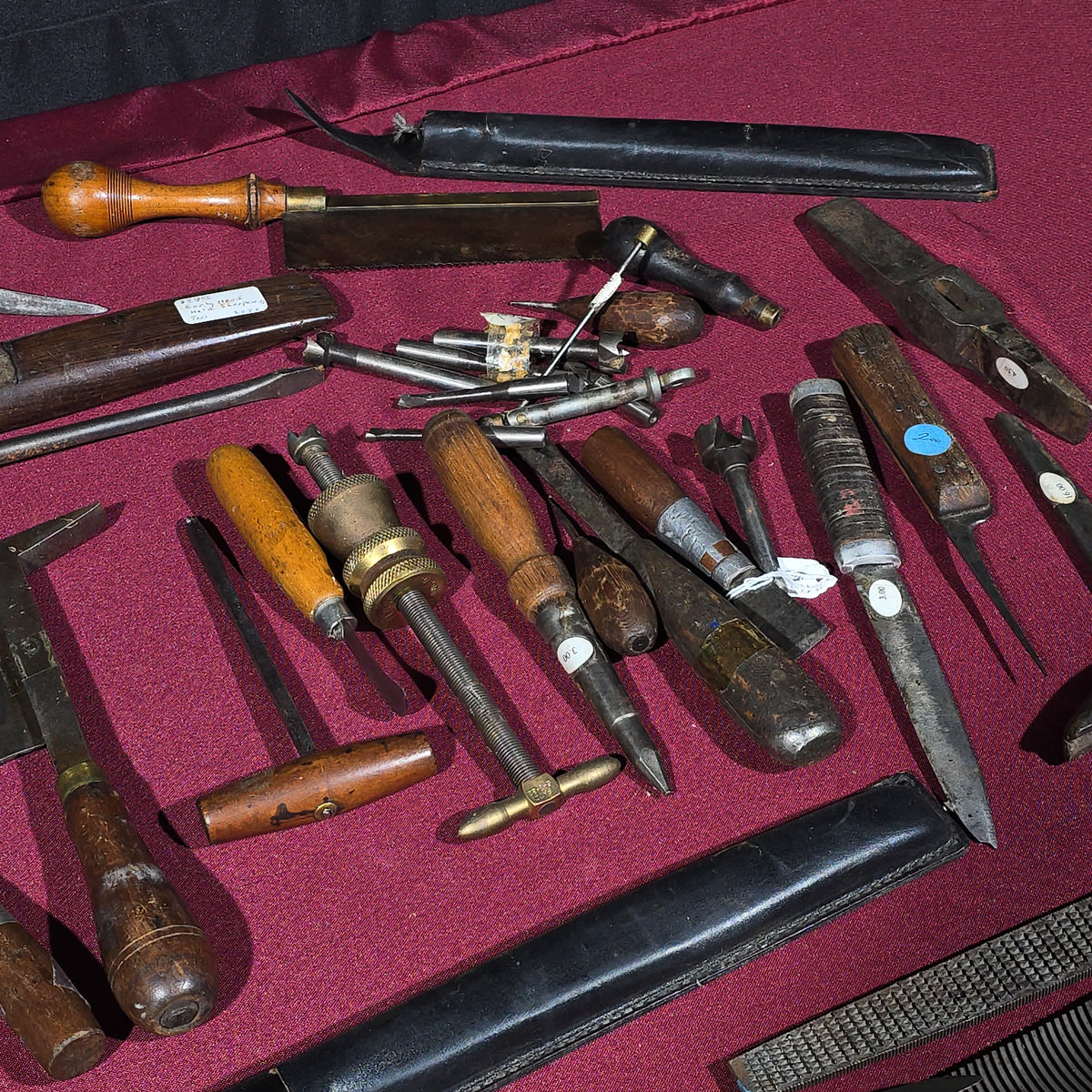Grouping of Antique and Vintage Hand Tools including Case XX Knife with Leather Sheath, Chisels, Awls, Screwdrivers, Files, and Hammer Head