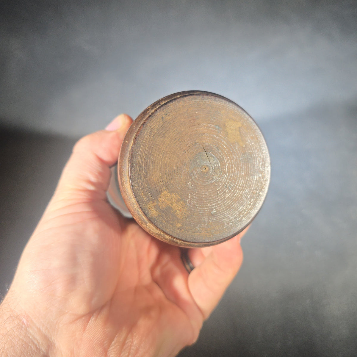 Antique Turned Wood Cylindrical Lidded Container with Incised Ring Decoration