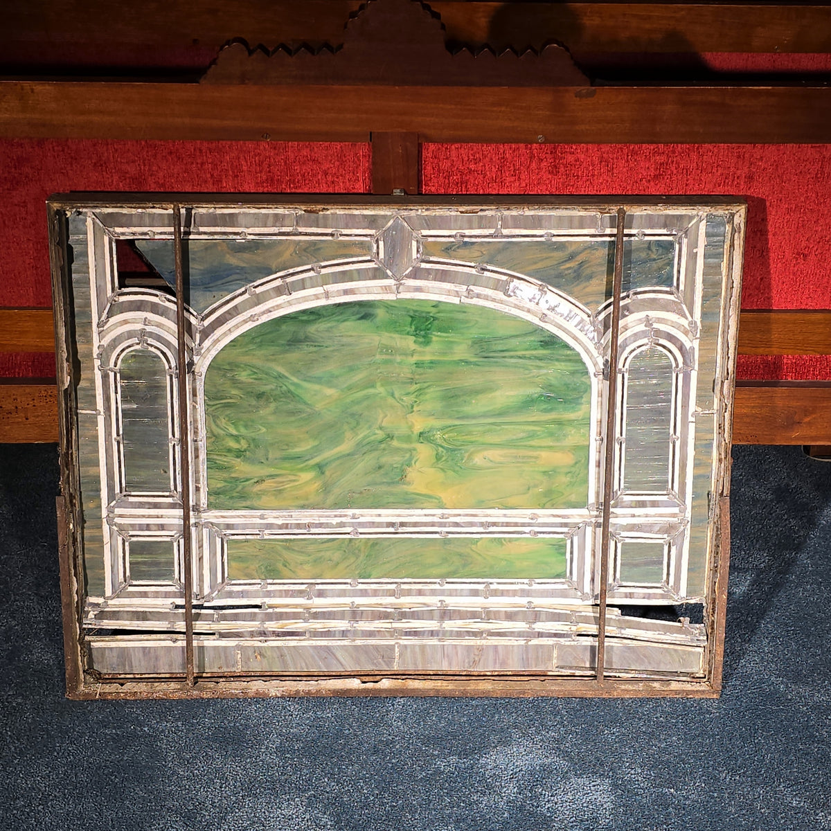 Antique Stained Glass Window, "Erected by Marion D. Gall, 1916," Note Many Breaks and Losses