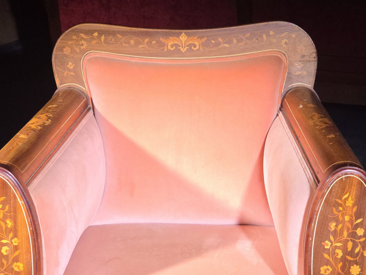 Antique Dutch Marquetry Inlaid Upholstered Club Chair