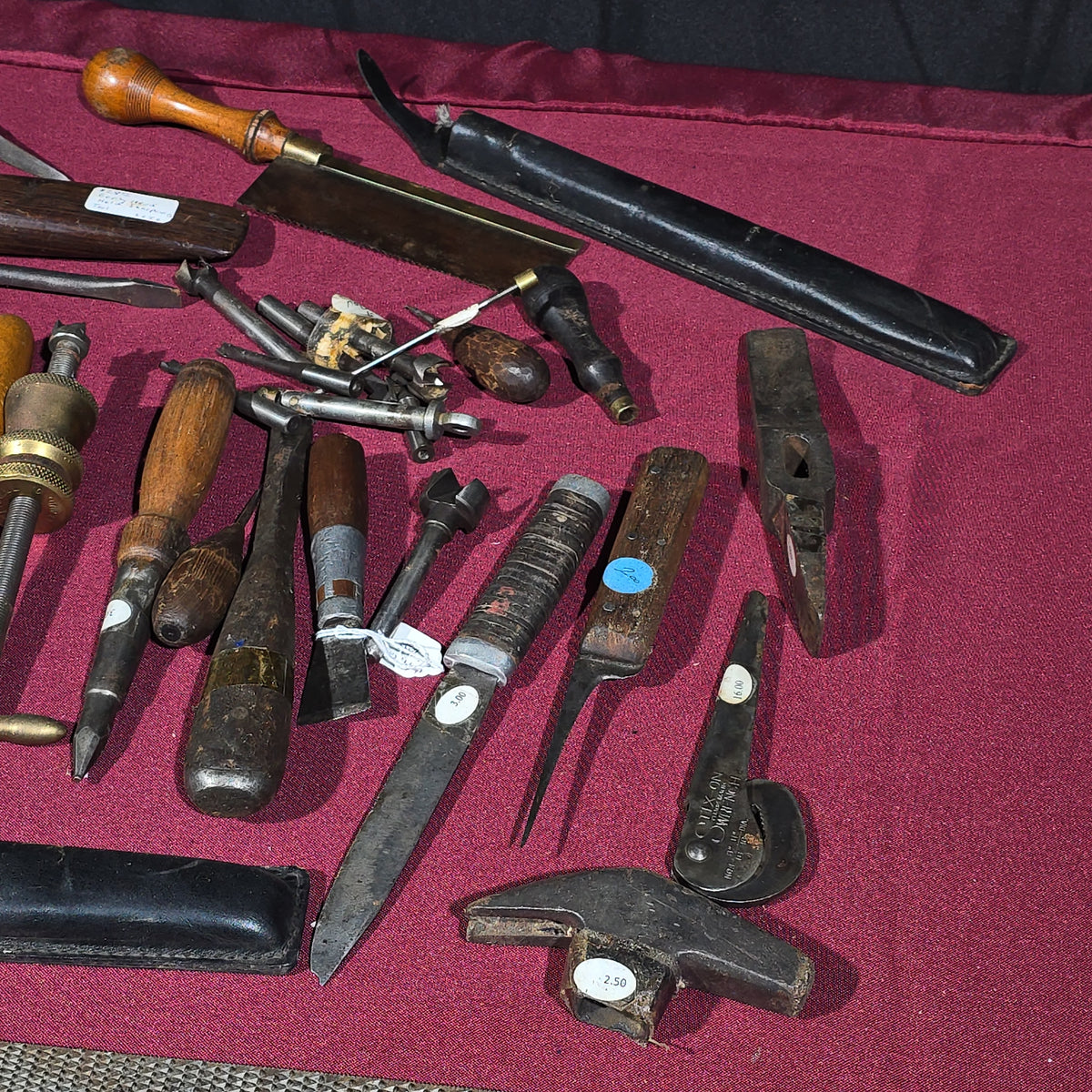 Grouping of Antique and Vintage Hand Tools including Case XX Knife with Leather Sheath, Chisels, Awls, Screwdrivers, Files, and Hammer Head