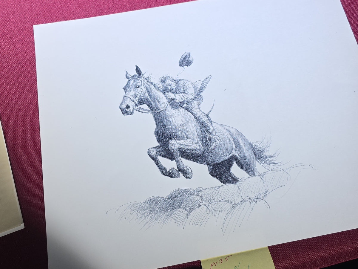 Grouping of Six Vintage Original Pen and Ink Drawings on Paper by C.W. Anderson, Equestrian Subjects with Verso Notations for Book Publication
