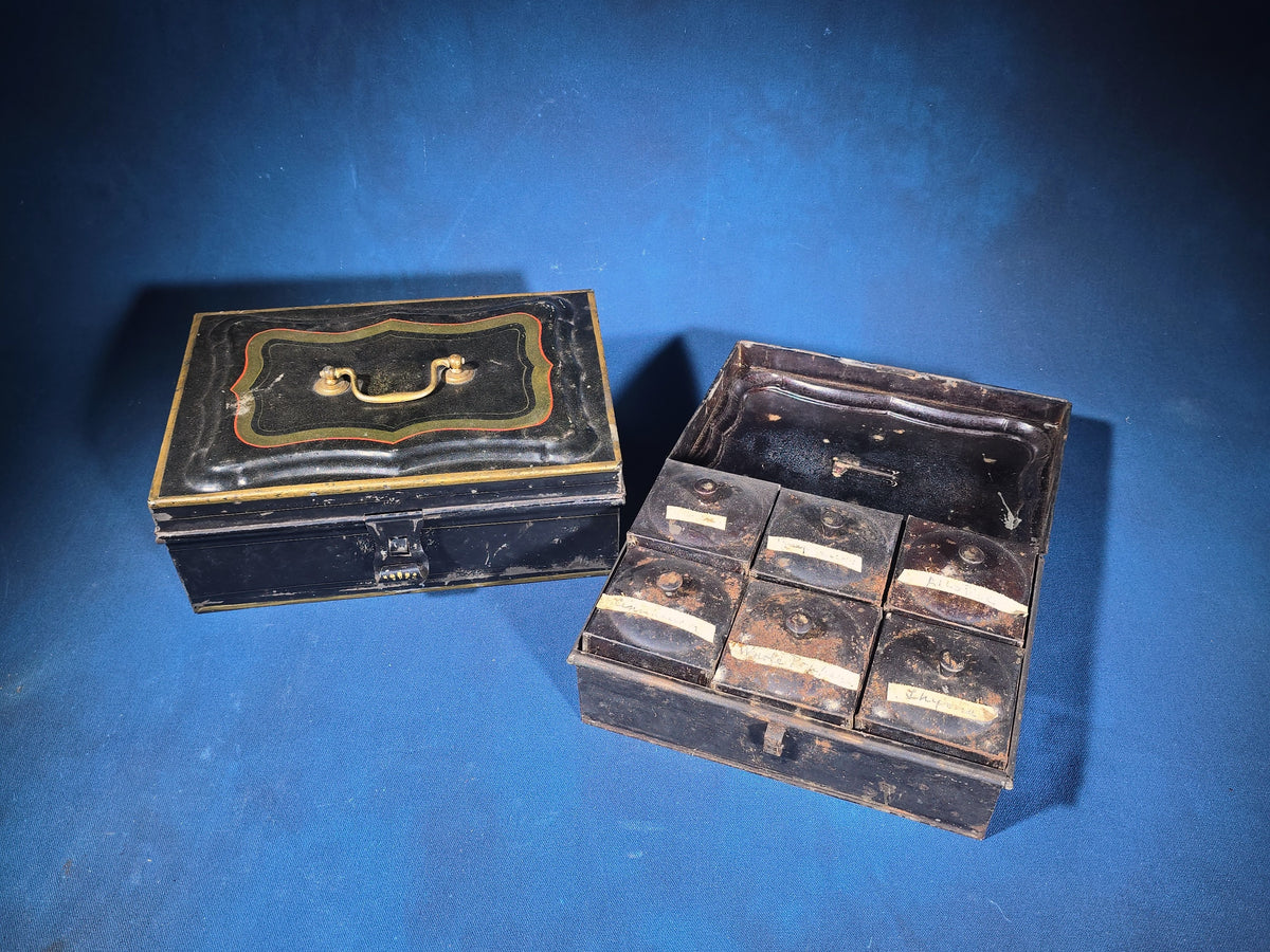Pair of Antique Toleware Boxes including a Spice Box with Six Interior Canisters and a Cash Box with Brass Handle