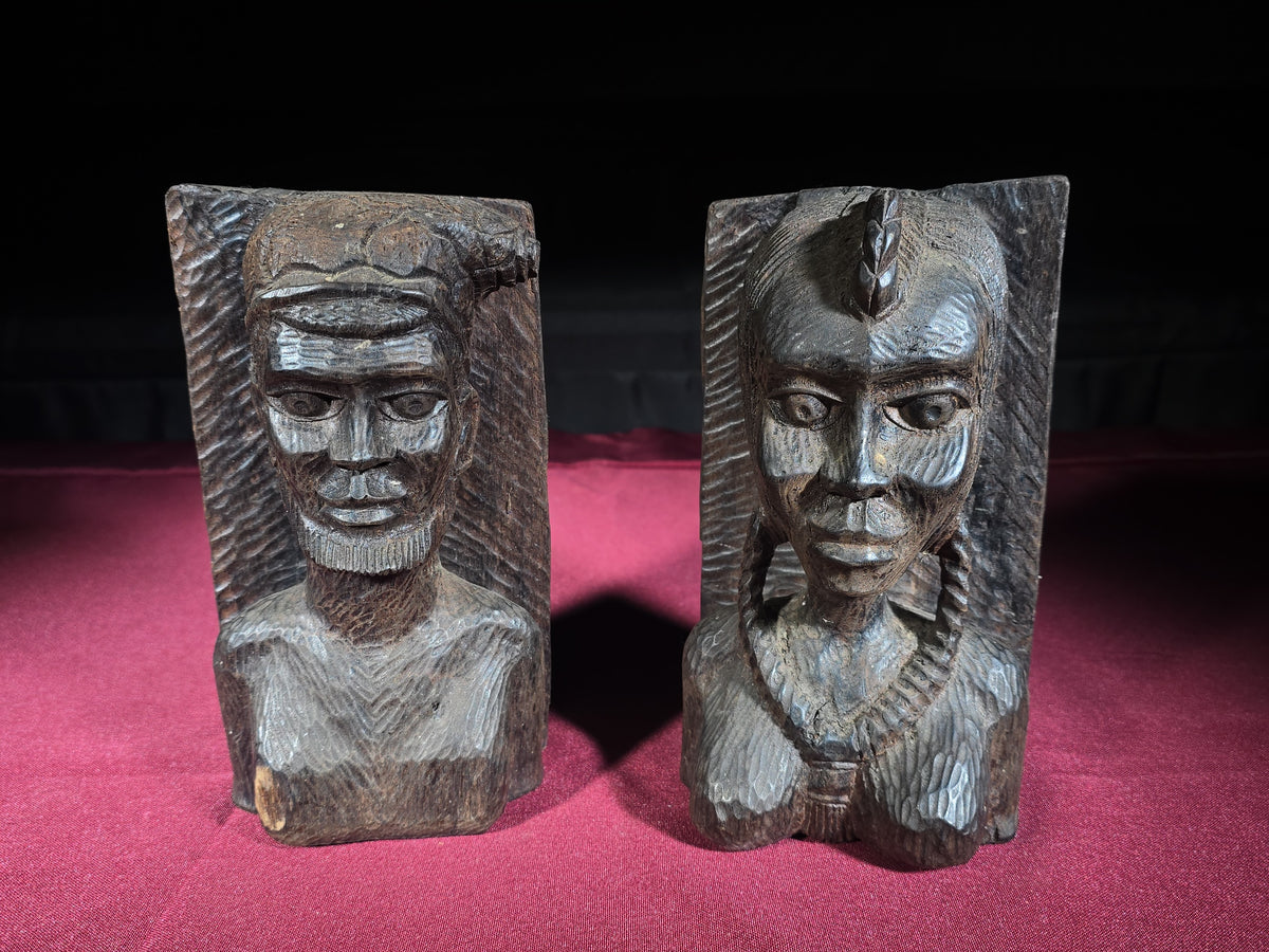 Pair of Vintage Hand-Carved African Bust Bookends