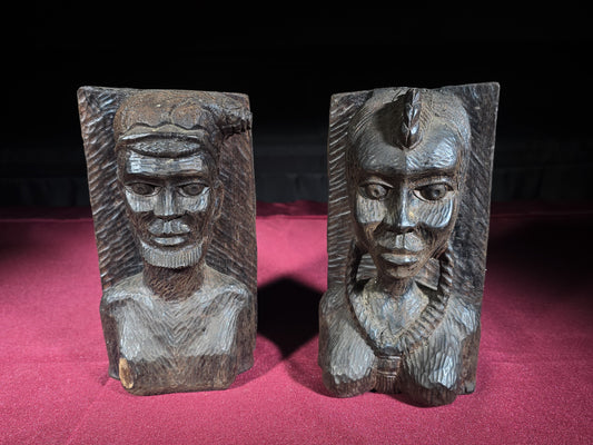 Pair of Vintage Hand-Carved African Bust Bookends