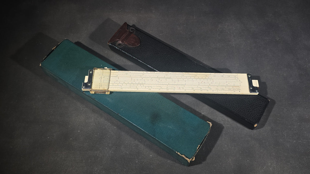 Vintage Keuffel & Esser 4083-3 Log Log Duplex Vector Slide Rule with Leather Case and Original Box, Note Damage and Loss on Slide