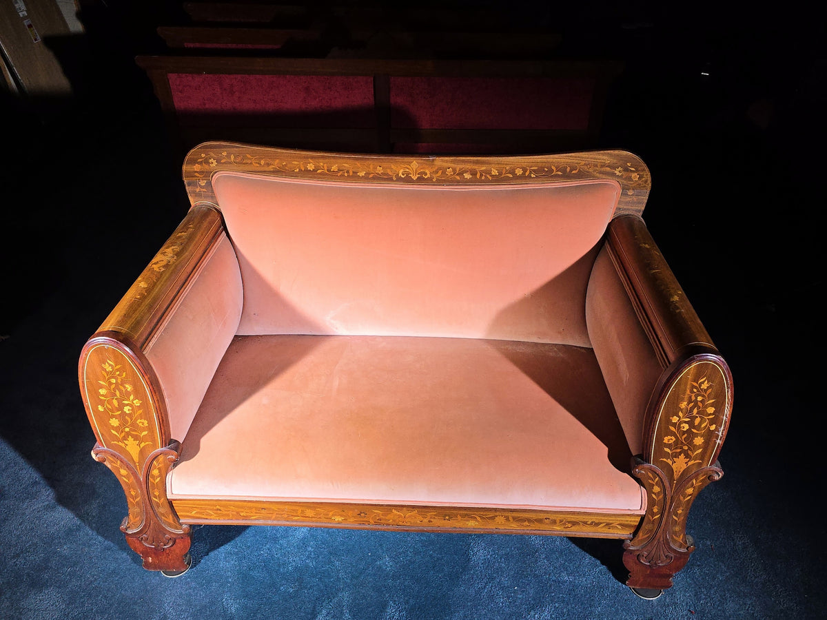 Antique Dutch Marquetry Inlaid Upholstered Settee