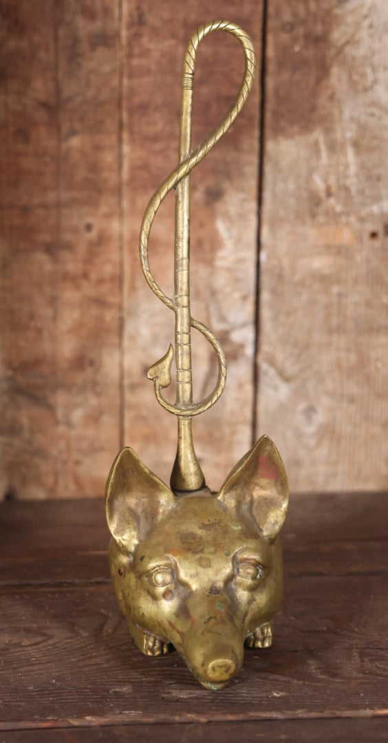 Antique Cast Brass Fox Head Door Stop With Tail Handle, Maker's Mark