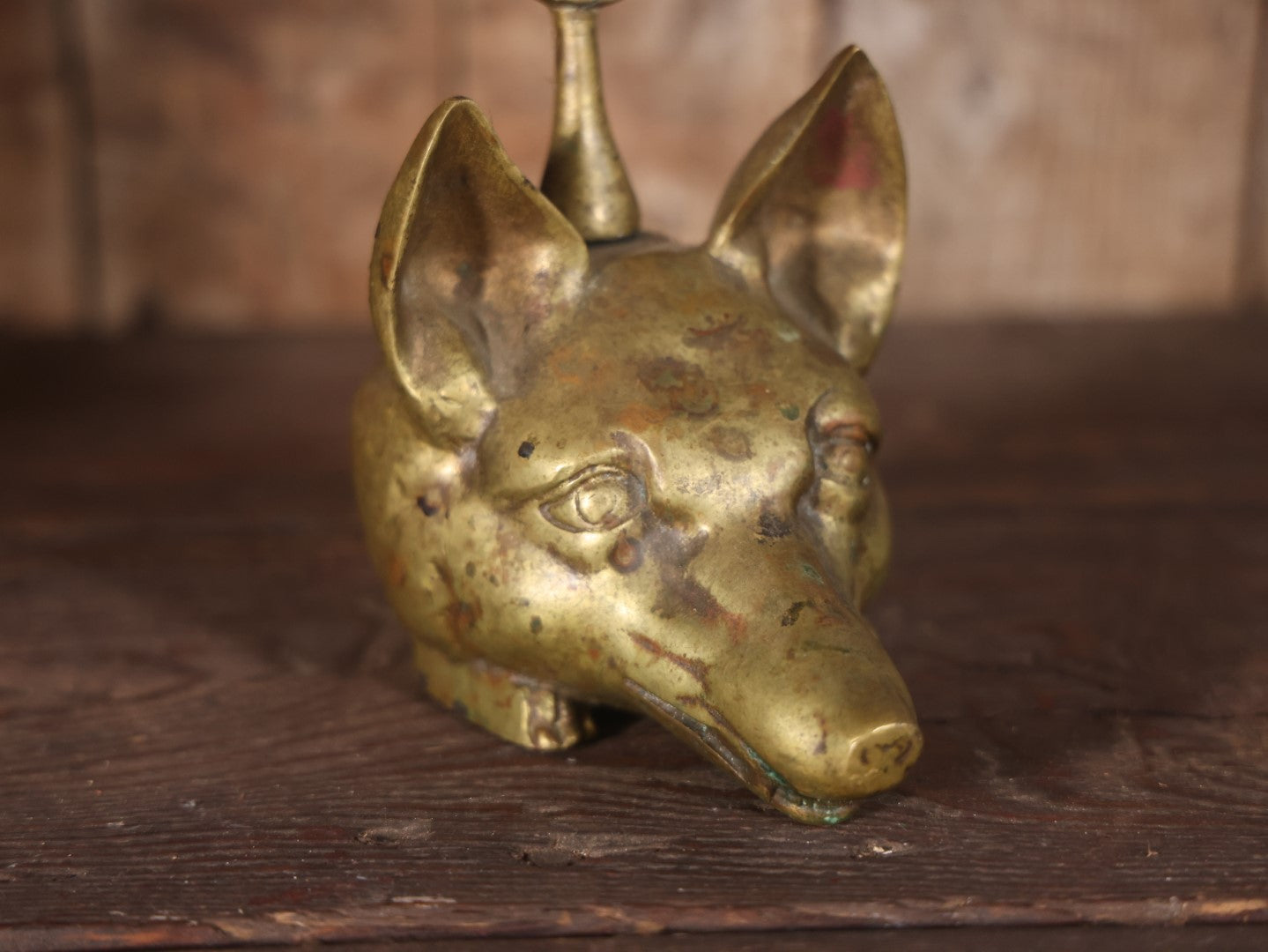 Antique Cast Brass Fox Head Door Stop With Tail Handle, Maker's Mark