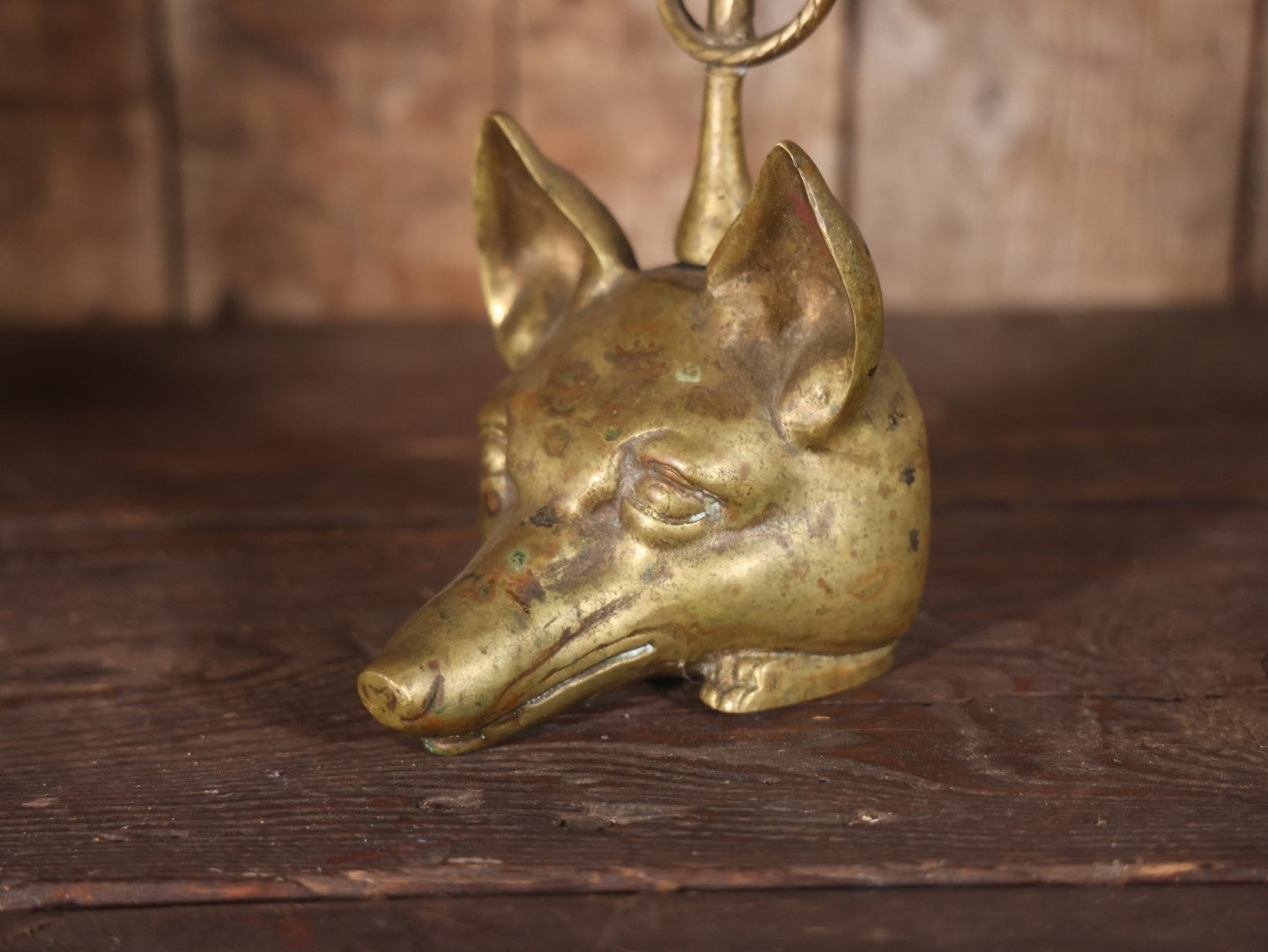 Antique Cast Brass Fox Head Door Stop With Tail Handle, Maker's Mark