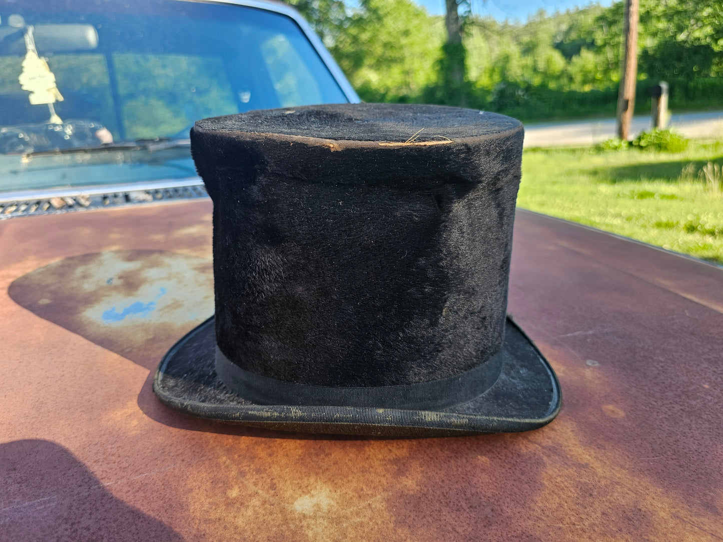 Antique W.P. Brazer & Co. Tophat - Manufactured in Lowell, MA - Opening 7.75" x 6.25", Approx 6" Tall - Various Wear, Denting