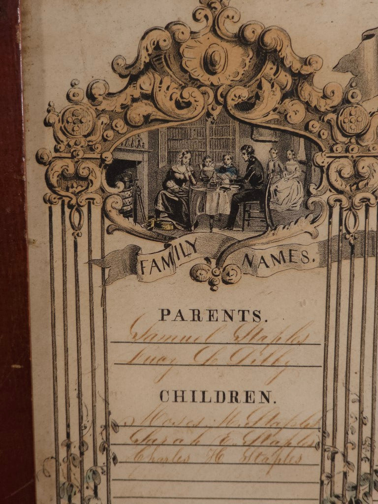 Antique Family Register Lithograph, Hand Filled, Features Mourning Motif, By Sarony & Major, Maples And Libby Family