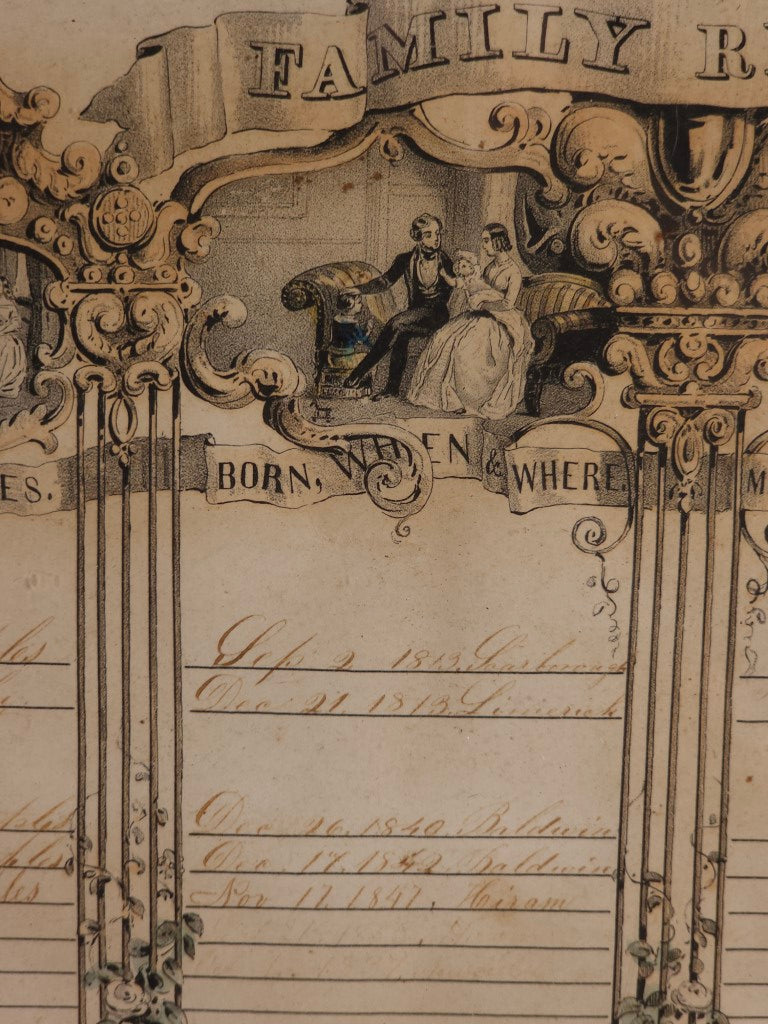 Antique Family Register Lithograph, Hand Filled, Features Mourning Motif, By Sarony & Major, Maples And Libby Family