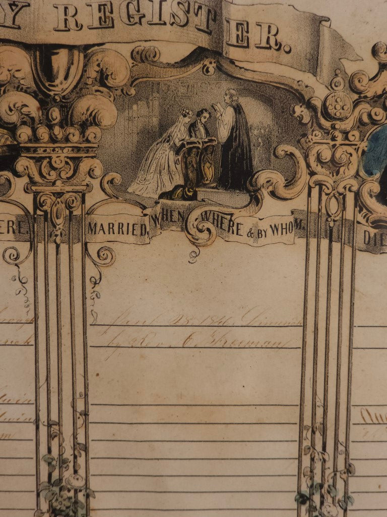Antique Family Register Lithograph, Hand Filled, Features Mourning Motif, By Sarony & Major, Maples And Libby Family