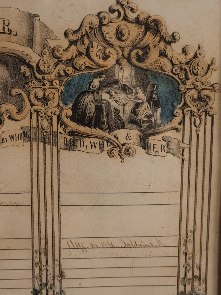 Antique Family Register Lithograph, Hand Filled, Features Mourning Motif, By Sarony & Major, Maples And Libby Family