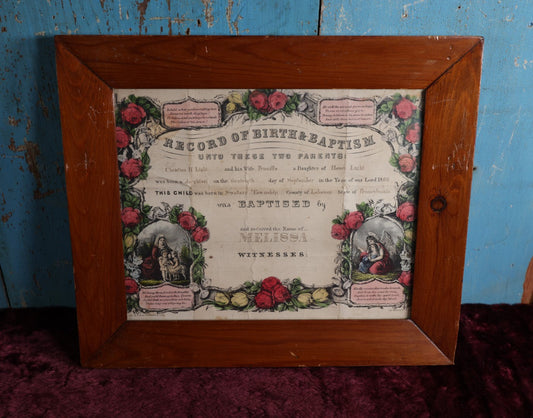 Lot 033 - Antique Hand Colored Lithograph Record Of Birth And Baptism For Melissa, 1866