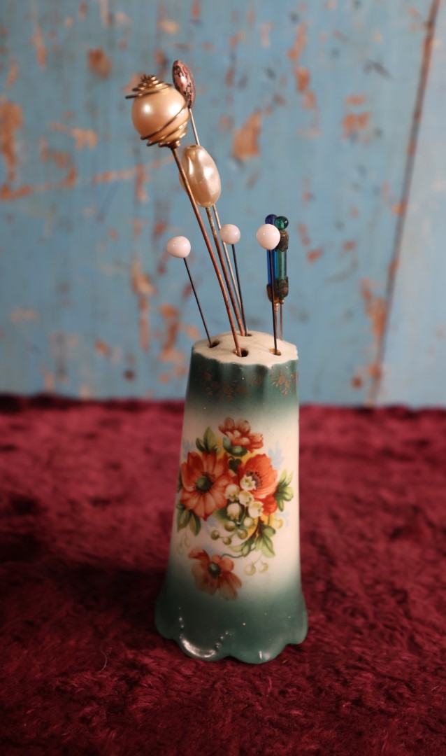 Lot 073 - Grouping Of Approximately 8 Vintage To Antique Hair Pins With Porcelain Hair Pin Holder