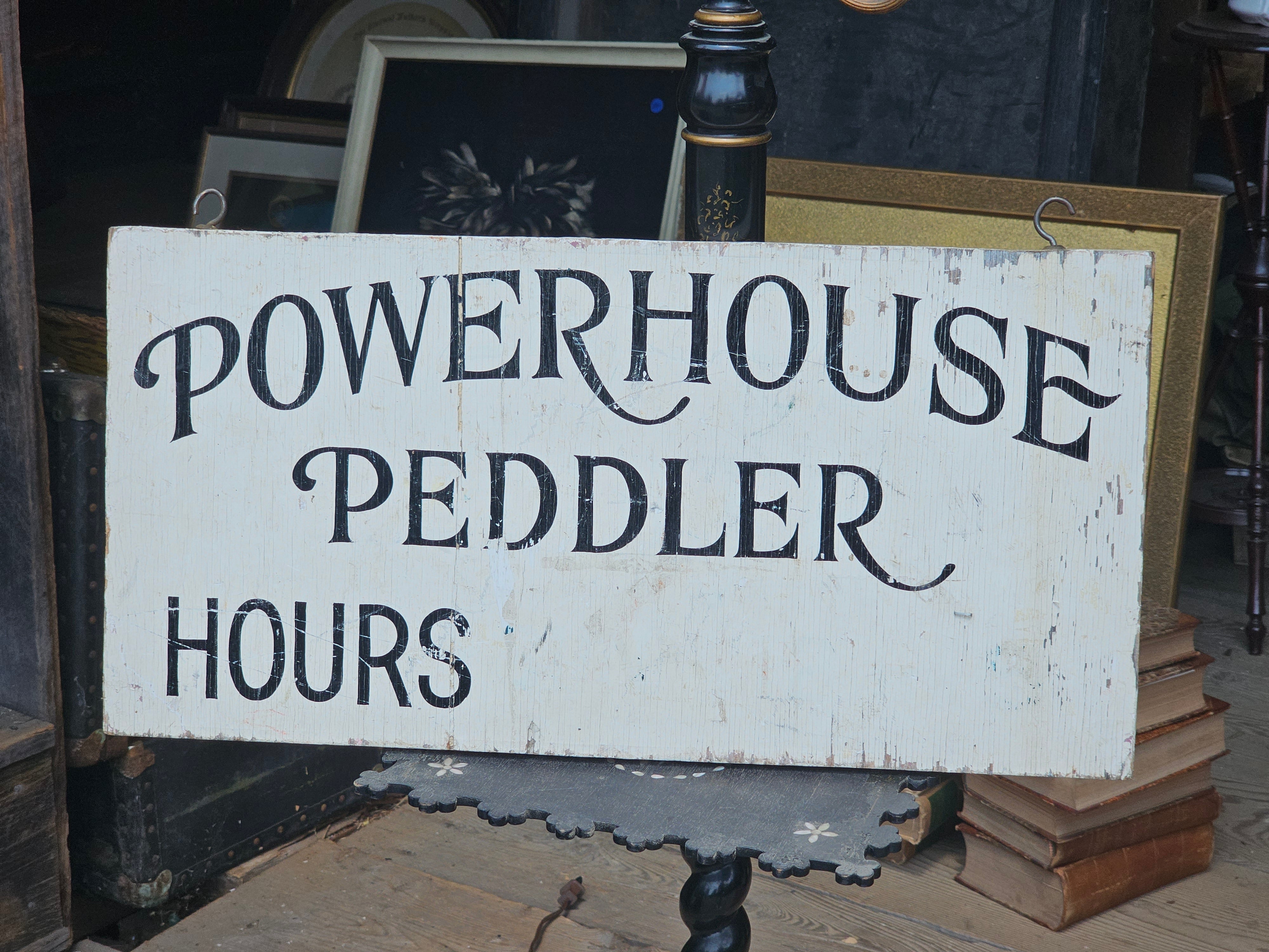 Vintage Powerhouse Peddler Antiques Store Hand Painted Hours Sign on W ...