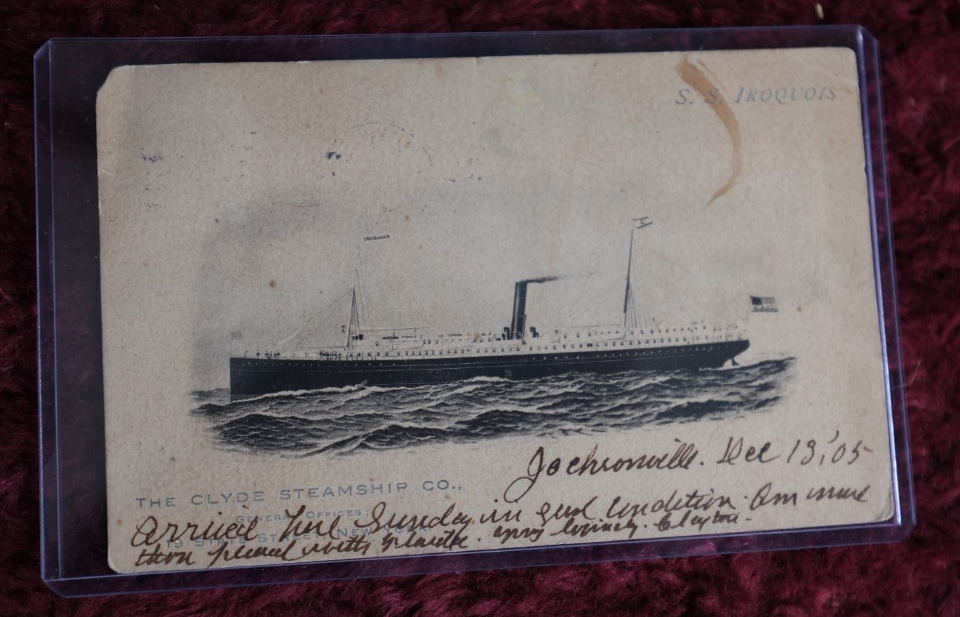 Lot 084 - Antique Postcard From The Clyde Steamship Co., Dated December 13, 1905, Featuring The S.S. Iroquois, Out Of New York City